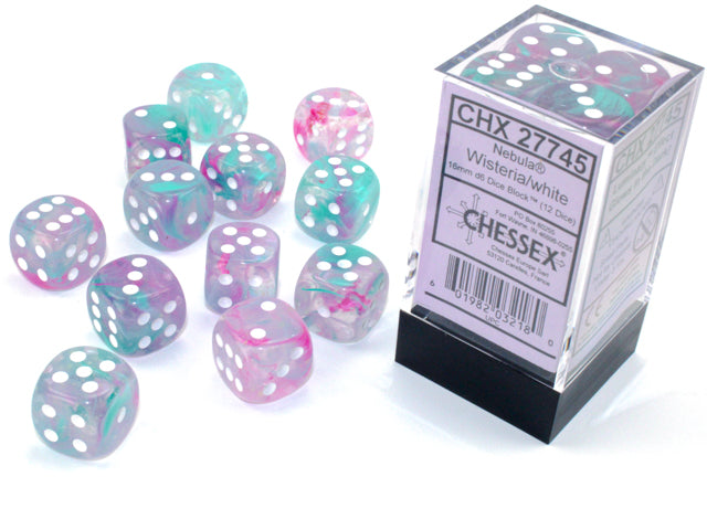 Chessex Nebula: Wisteria/White Luminary 16mm d6 Dice Block (12 dice)