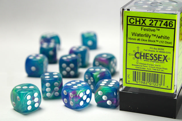 Chessex Festive: Waterlily/White 16mm d6 Dice Block (12 dice)