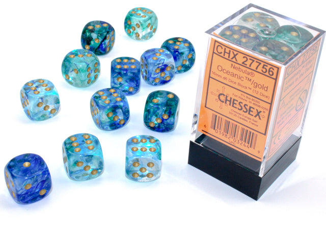 Chessex Nebula: Oceanic/Gold Luminary 16mm d6 Dice Block (12 dice)