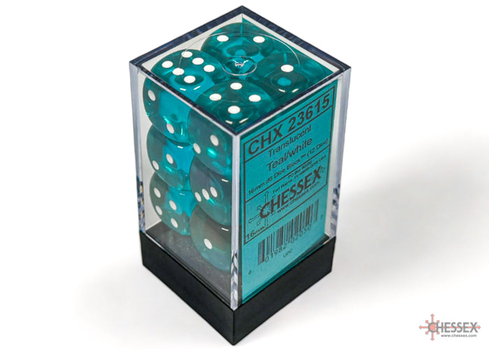 Chessex Translucent: Teal/White 16mm d6 Dice Block (12 dice)