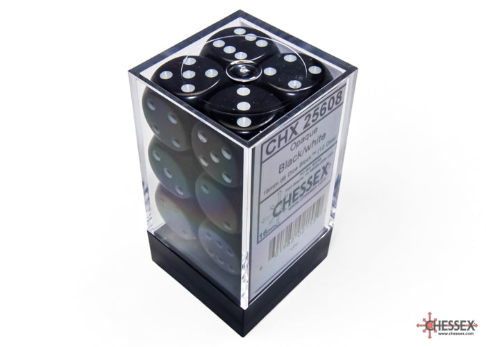 Chessex Opaque: Black/White 16mm d6 Dice Block (12 dice)