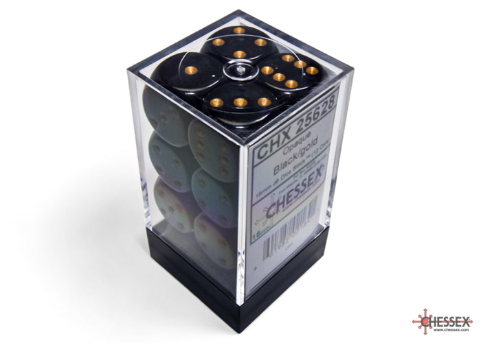 Chessex Opaque: Black/Gold 16mm d6 Dice Block (12 dice)