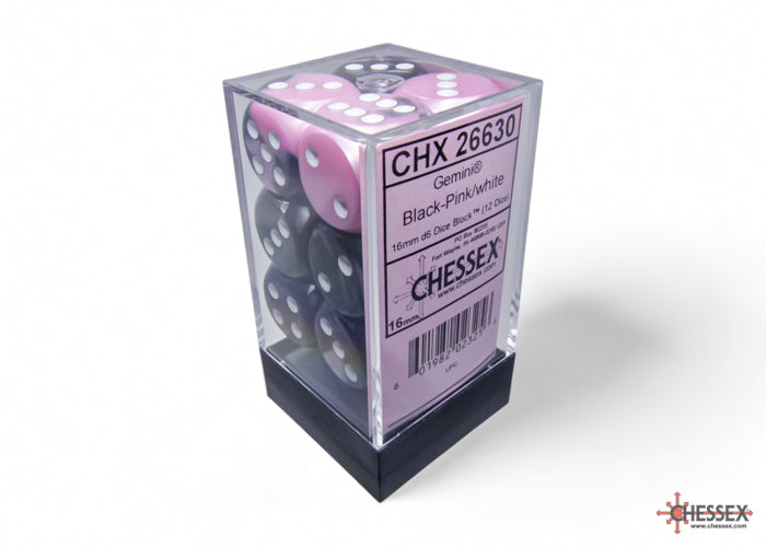 Chessex Gemini: Black-Pink/White 16mm d6 Dice Block (12 dice)