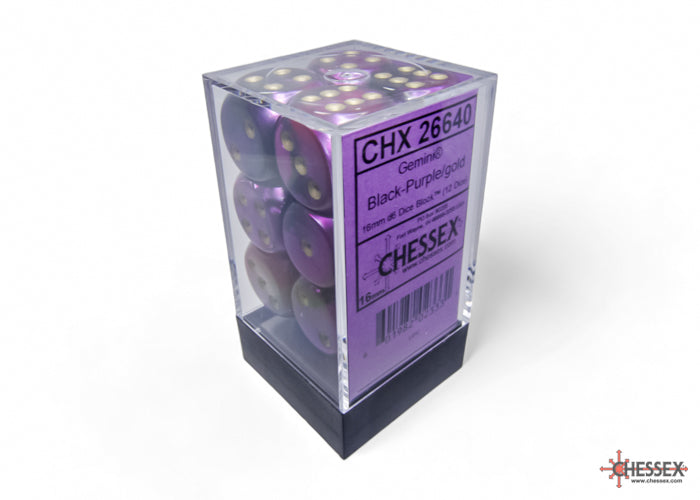 Chessex Gemini: Black-Purple/Gold 16mm d6 Dice Block (12 dice)