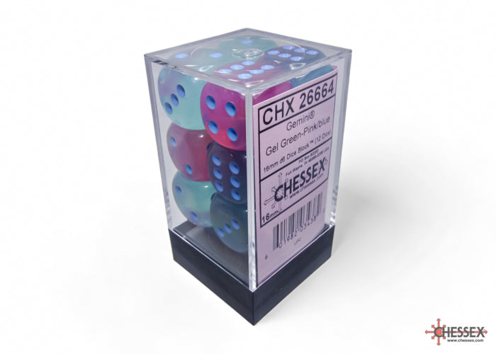 Chessex Gemini: Gel Green-Pink/blue Luminary 16mm d6 Dice Block (12 dice)