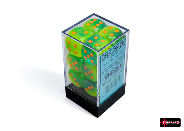 Chessex Gemini: Plasma Green-Teal/Orange Luminary 16mm d6 Dice Block (12 dice)
