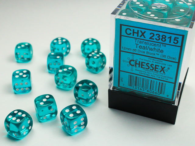 Chessex Translucent: Teal/White 12mm d6 Dice Block (36 dice)