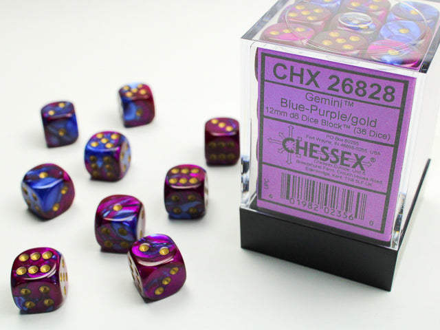 Chessex Gemini: Blue-Purple/Gold 12mm d6 Dice Block (36 dice)