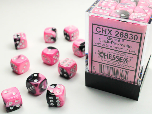 Chessex Gemini: Black-Pink/White 12mm d6 Dice Block (36 dice)