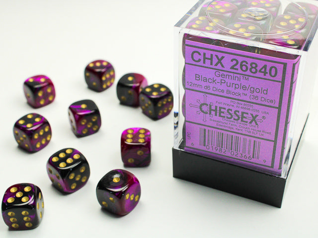 Chessex Gemini: Black-Purple/Gold 12mm d6 Dice Block (36 dice)