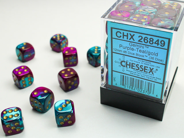 Chessex Gemini: Purple-Teal/Gold 12mm d6 Dice Block (36 dice)