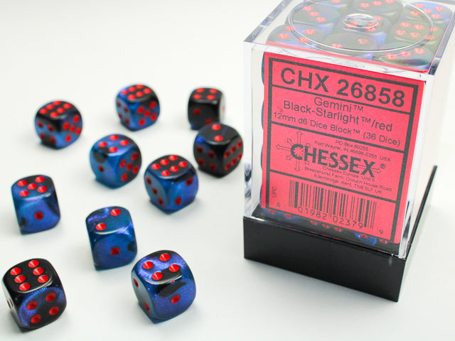 Chessex Gemini: Black-Starlight/Red 12mm d6 Dice Block (36 dice)