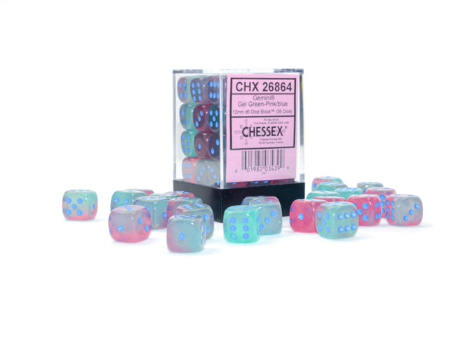 Chessex Gemini: Gel Green-Pink/blue Luminary 12mm d6 Dice Block (36 dice)