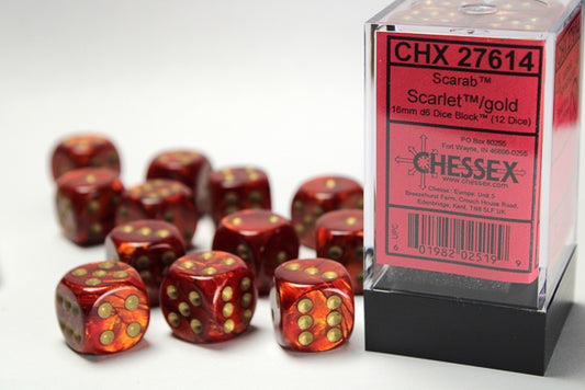 Chessex Scarab: Scarlet/Gold 16mm d6 Dice Block (12 dice)