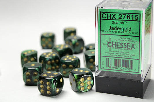 Chessex Scarab: Jade/Gold 16mm d6 Dice Block (12 dice)