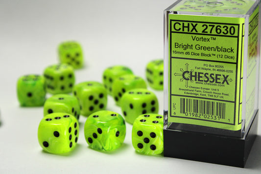Chessex Vortex: Bright Green/Black 16mm d6 Dice Block (12 dice)