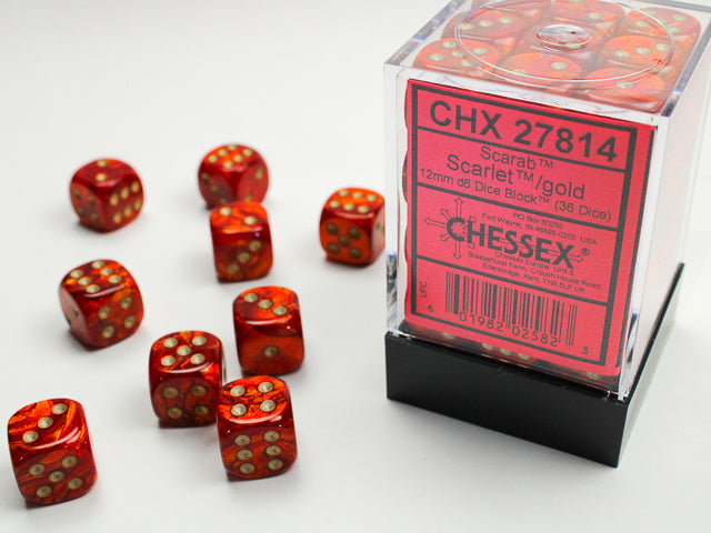 Chessex Scarab: Scarlet/Gold 12mm d6 Dice Block (36 dice)