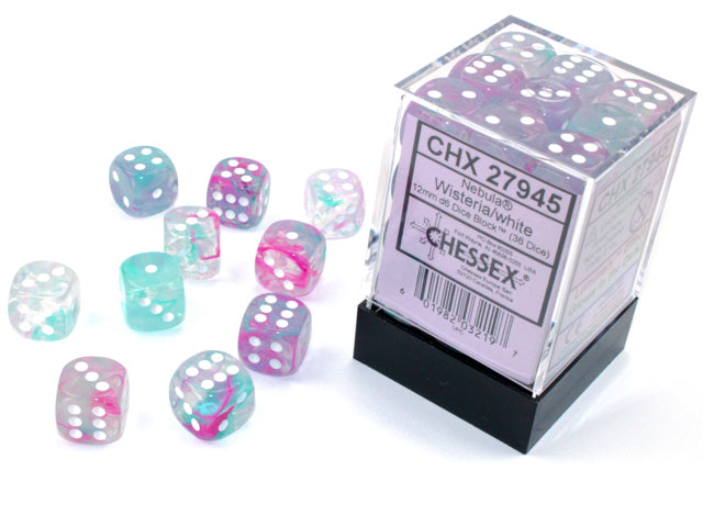 Chessex Nebula: Wisteria/White Luminary 12mm d6 Dice Block (36 dice)