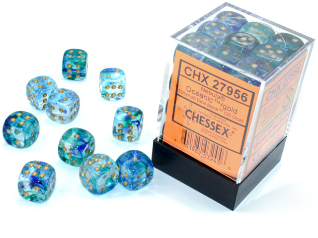 Chessex Nebula: Oceanic/Gold Luminary 12mm d6 Dice Block (36 dice)