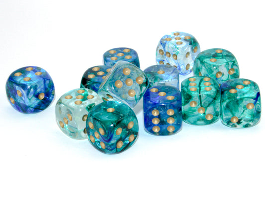 Chessex Nebula: Oceanic/Gold Luminary 16mm d6 Dice Block (12 dice)