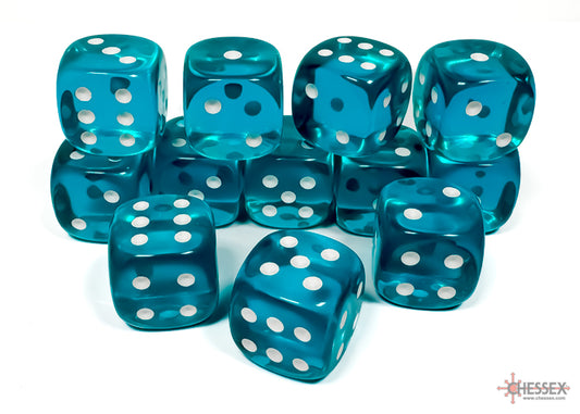 Chessex Translucent: Teal/White 16mm d6 Dice Block (12 dice)
