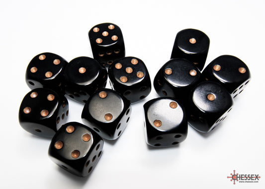 Chessex Opaque: Black/Gold 16mm d6 Dice Block (12 dice)