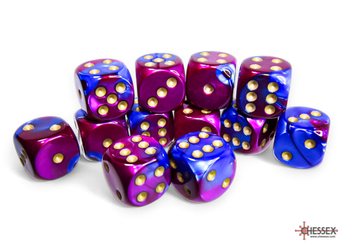 Chessex Gemini: Blue-Purple/Gold 16mm d6 Dice Block (12 dice)