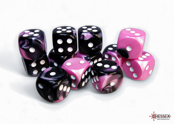 Chessex Gemini: Black-Pink/White 16mm d6 Dice Block (12 dice)