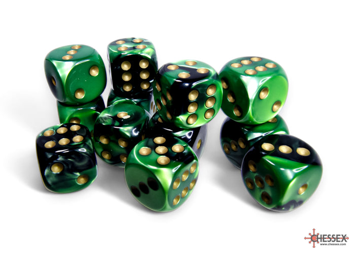 Chessex Gemini: Black-Green/Gold 16mm d6 Dice Block (12 dice)