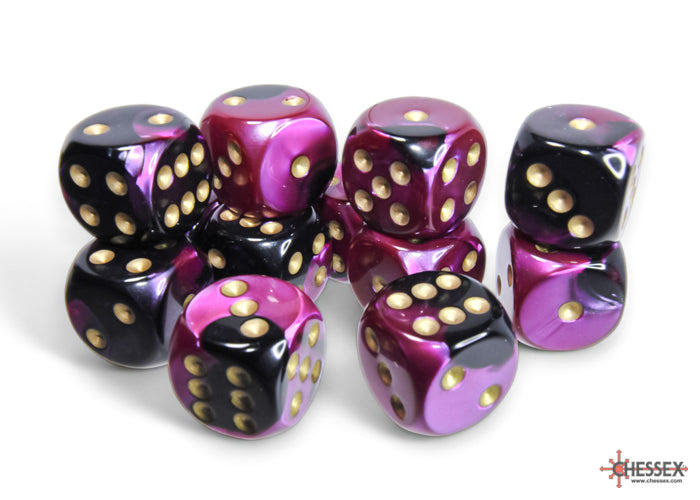 Chessex Gemini: Black-Purple/Gold 16mm d6 Dice Block (12 dice)