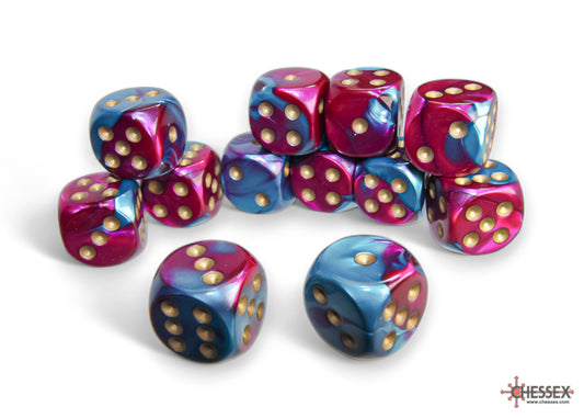 Chessex Gemini: Purple-Teal/Gold 16mm d6 Dice Block (12 dice)