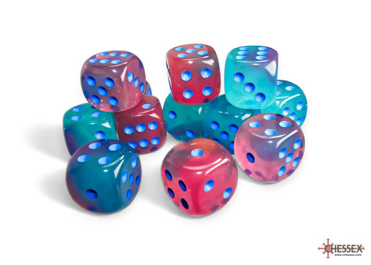 Chessex Gemini: Gel Green-Pink/blue Luminary 16mm d6 Dice Block (12 dice)