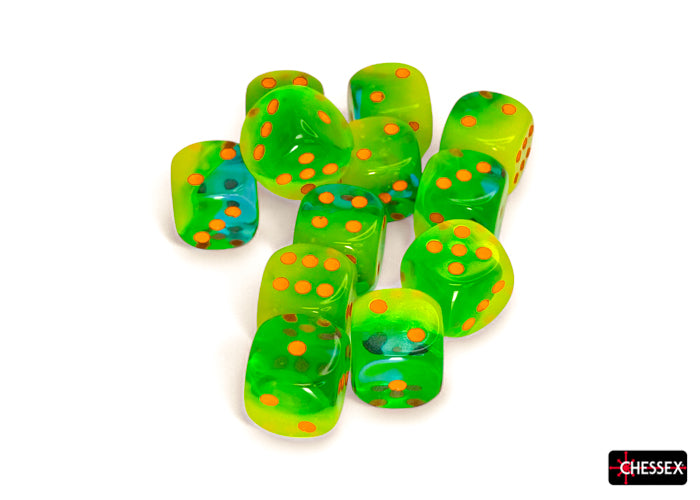 Chessex Gemini: Plasma Green-Teal/Orange Luminary 16mm d6 Dice Block (12 dice)