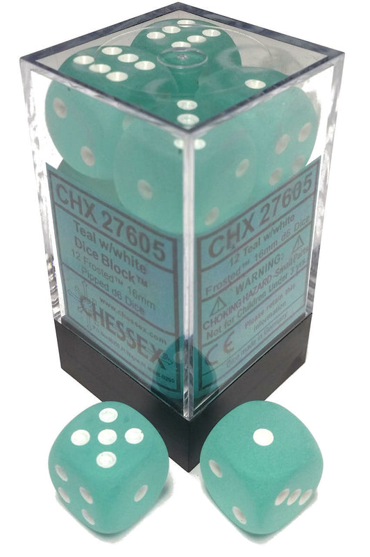 Chessex Frosted: 16mm D6 Teal/White Block 12-Dice Set