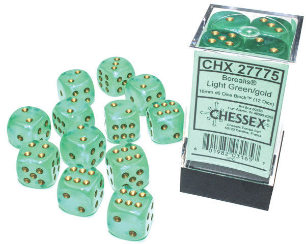 Chessex Borealis: Light Green/Gold Luminary 16mm d6 Dice Block (12 dice)