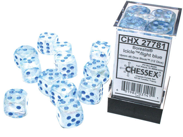 Chessex Borealis: Icicle/Light Blue Luminary 16mm d6 Dice Block (12 dice)