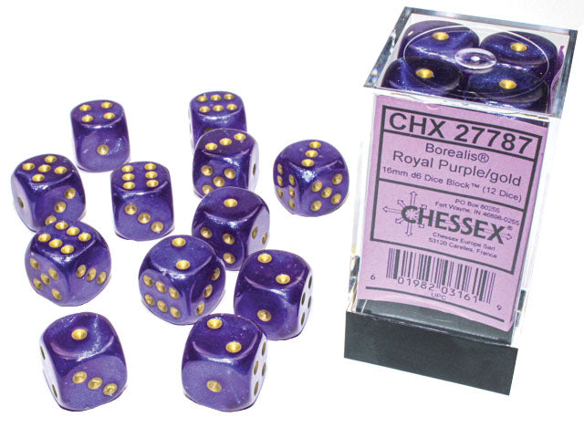 Chessex Borealis: Royal Purple/Gold Luminary 16mm d6 Dice Block (12 dice)